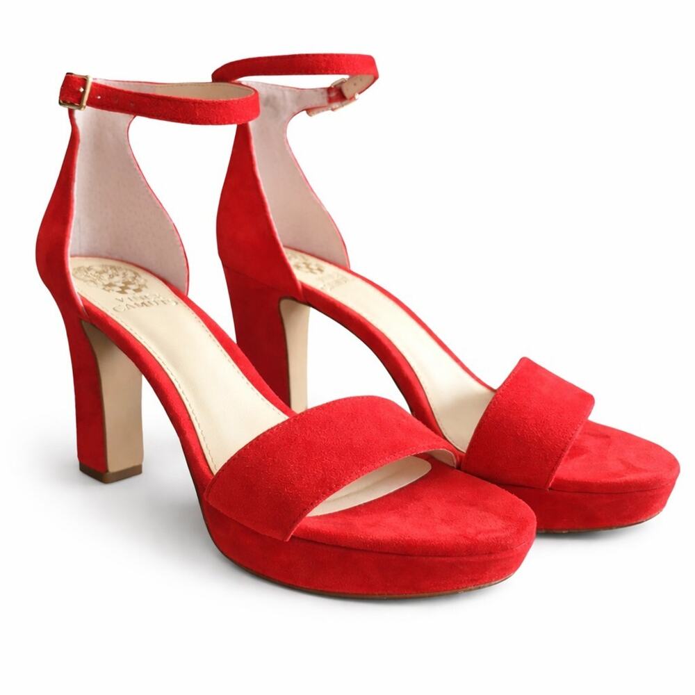 Vince Camuto Sathina Heels 7.5 Red Suede Strappy Platform Open Toe Block Heel
